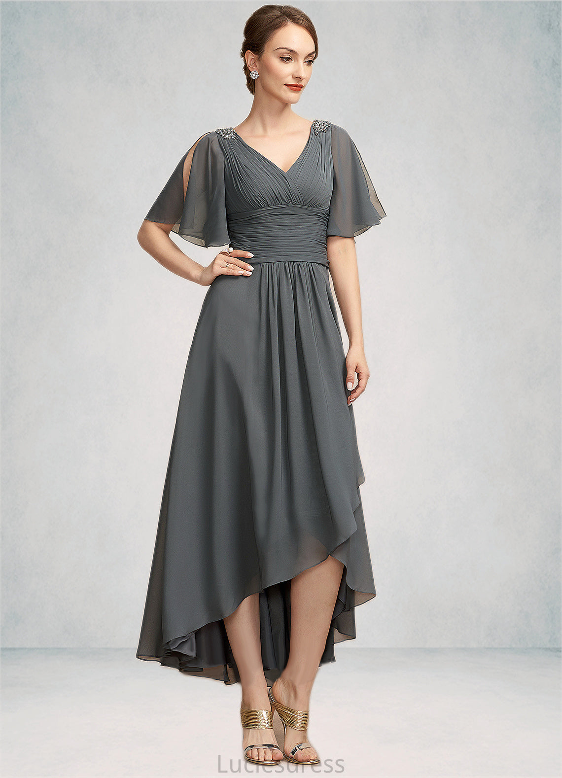 Charlie A-Line V-neck Asymmetrical Chiffon Mother of the Bride Dress With Ruffle Beading HF126P0014744