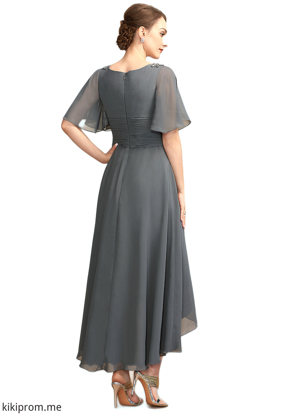 Aurora A-Line V-neck Asymmetrical Chiffon Mother of the Bride Dress With Ruffle Beading STF126P0014744