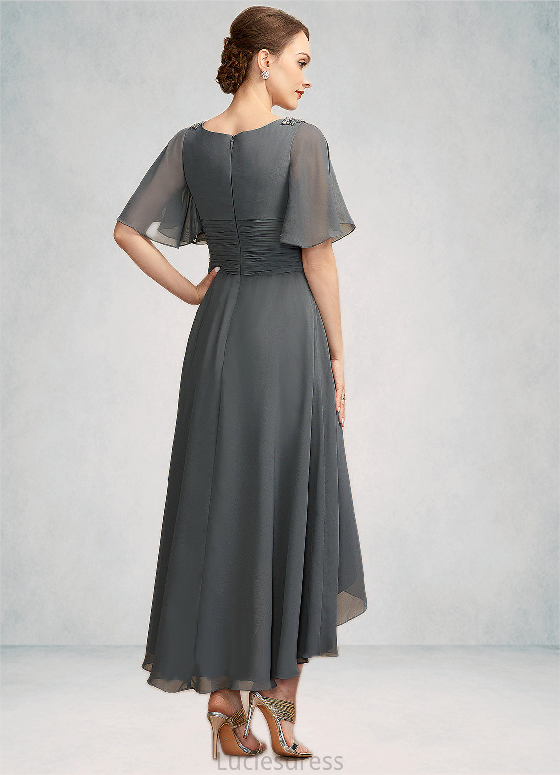 Charlie A-Line V-neck Asymmetrical Chiffon Mother of the Bride Dress With Ruffle Beading HF126P0014744