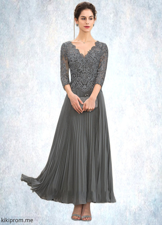 Savannah A-Line V-neck Ankle-Length Chiffon Lace Mother of the Bride Dress With Sequins Pleated STF126P0014745