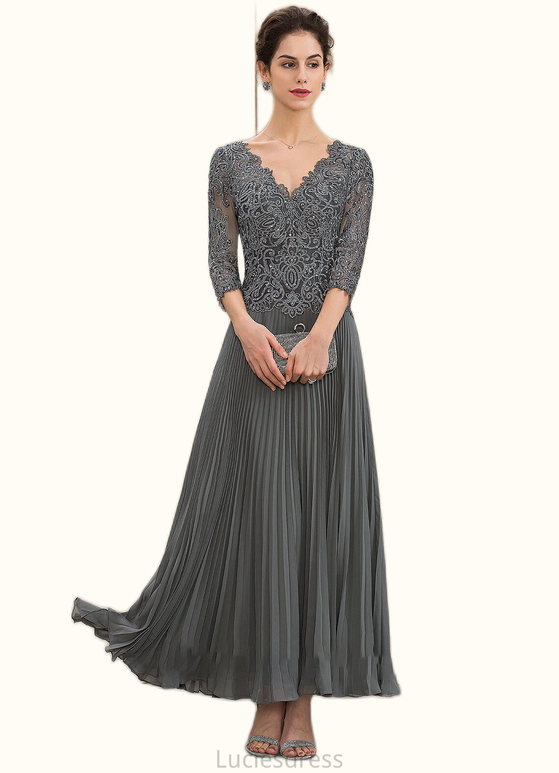 Allison A-Line V-neck Ankle-Length Chiffon Lace Mother of the Bride Dress With Sequins Pleated HF126P0014745