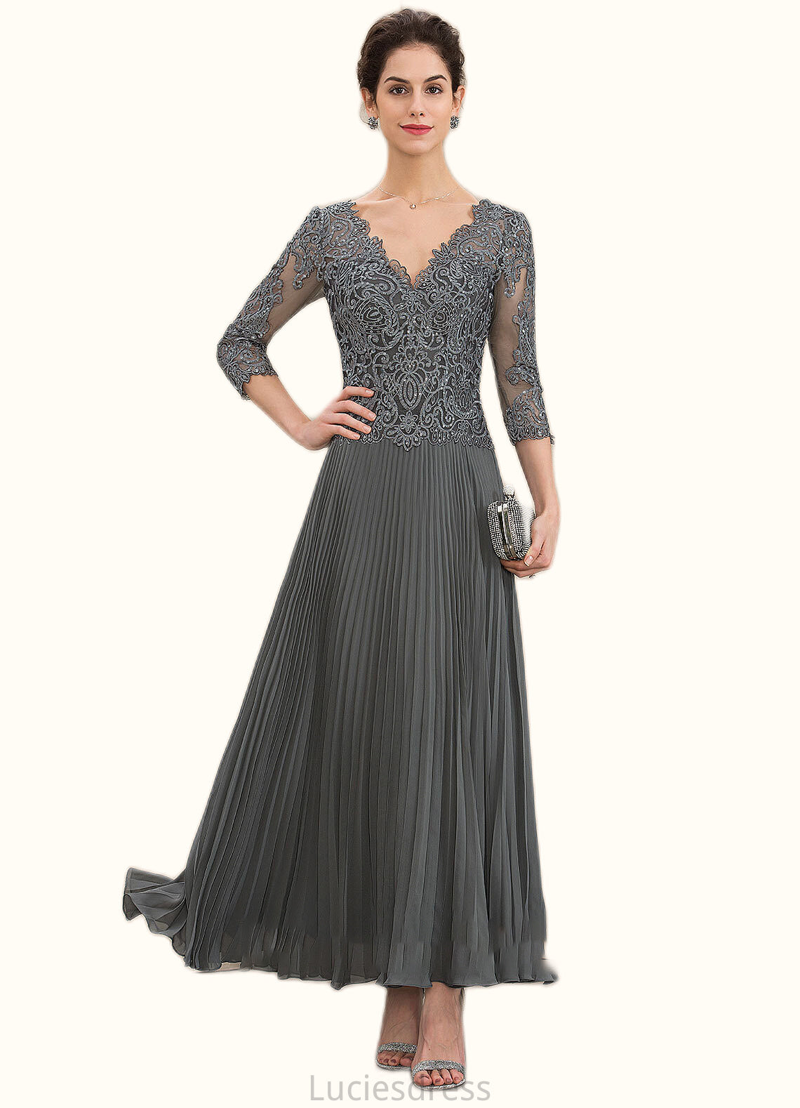 Allison A-Line V-neck Ankle-Length Chiffon Lace Mother of the Bride Dress With Sequins Pleated HF126P0014745