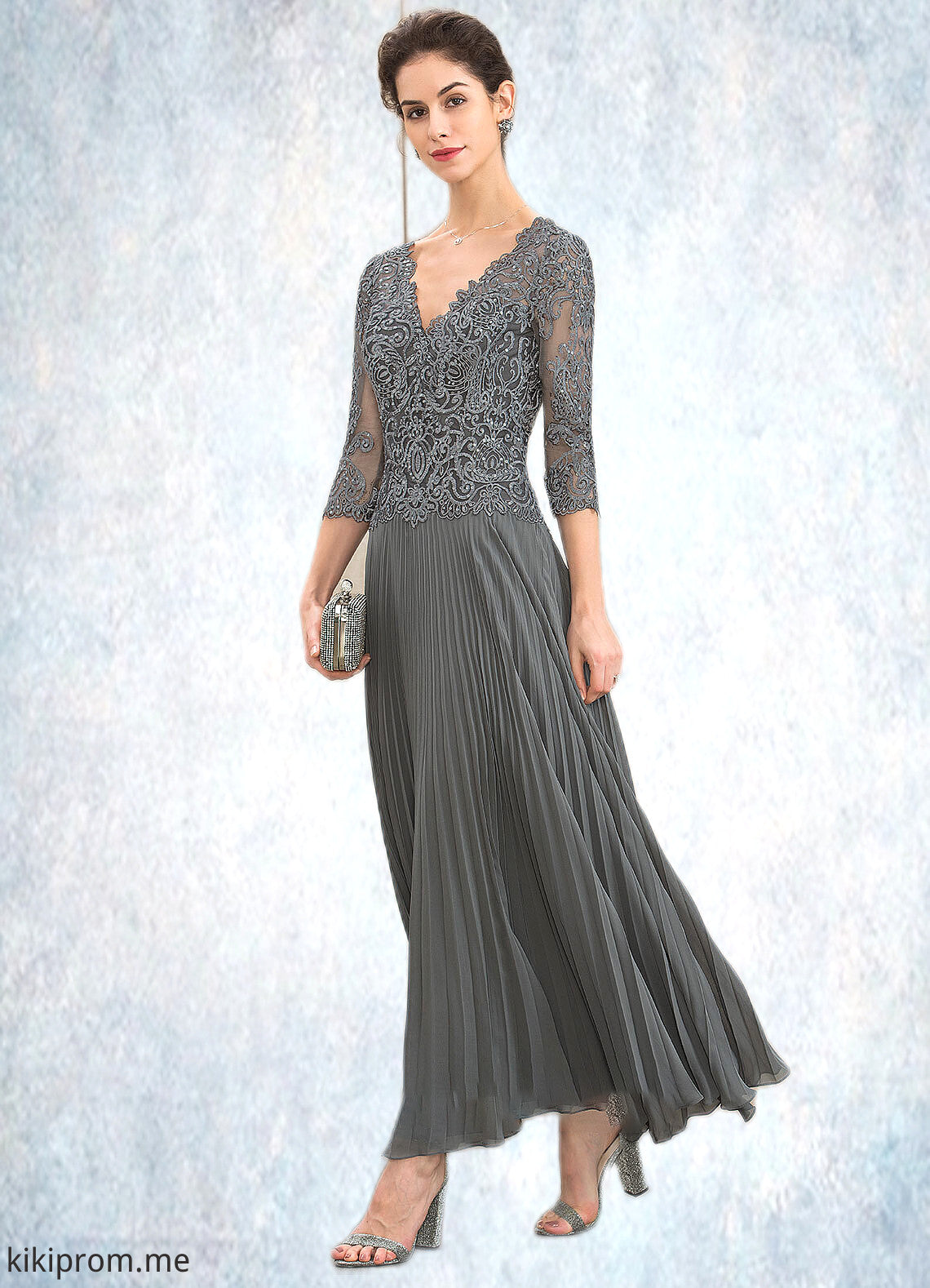 Savannah A-Line V-neck Ankle-Length Chiffon Lace Mother of the Bride Dress With Sequins Pleated STF126P0014745