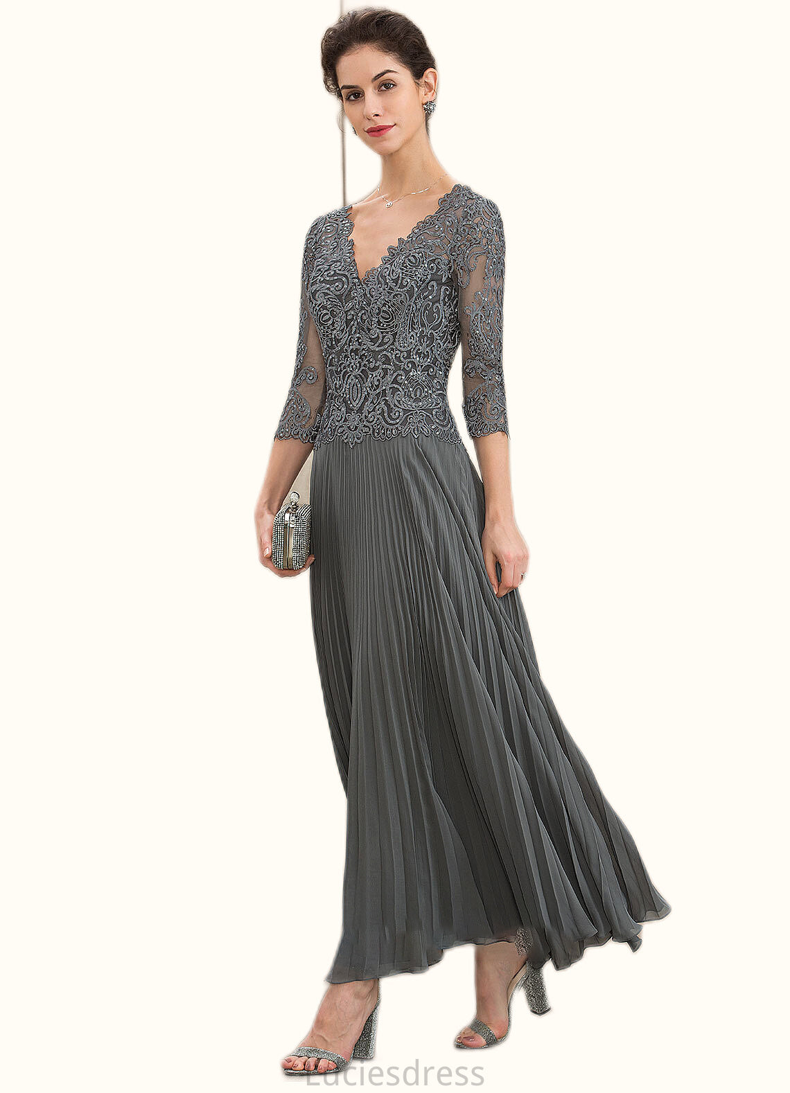 Allison A-Line V-neck Ankle-Length Chiffon Lace Mother of the Bride Dress With Sequins Pleated HF126P0014745