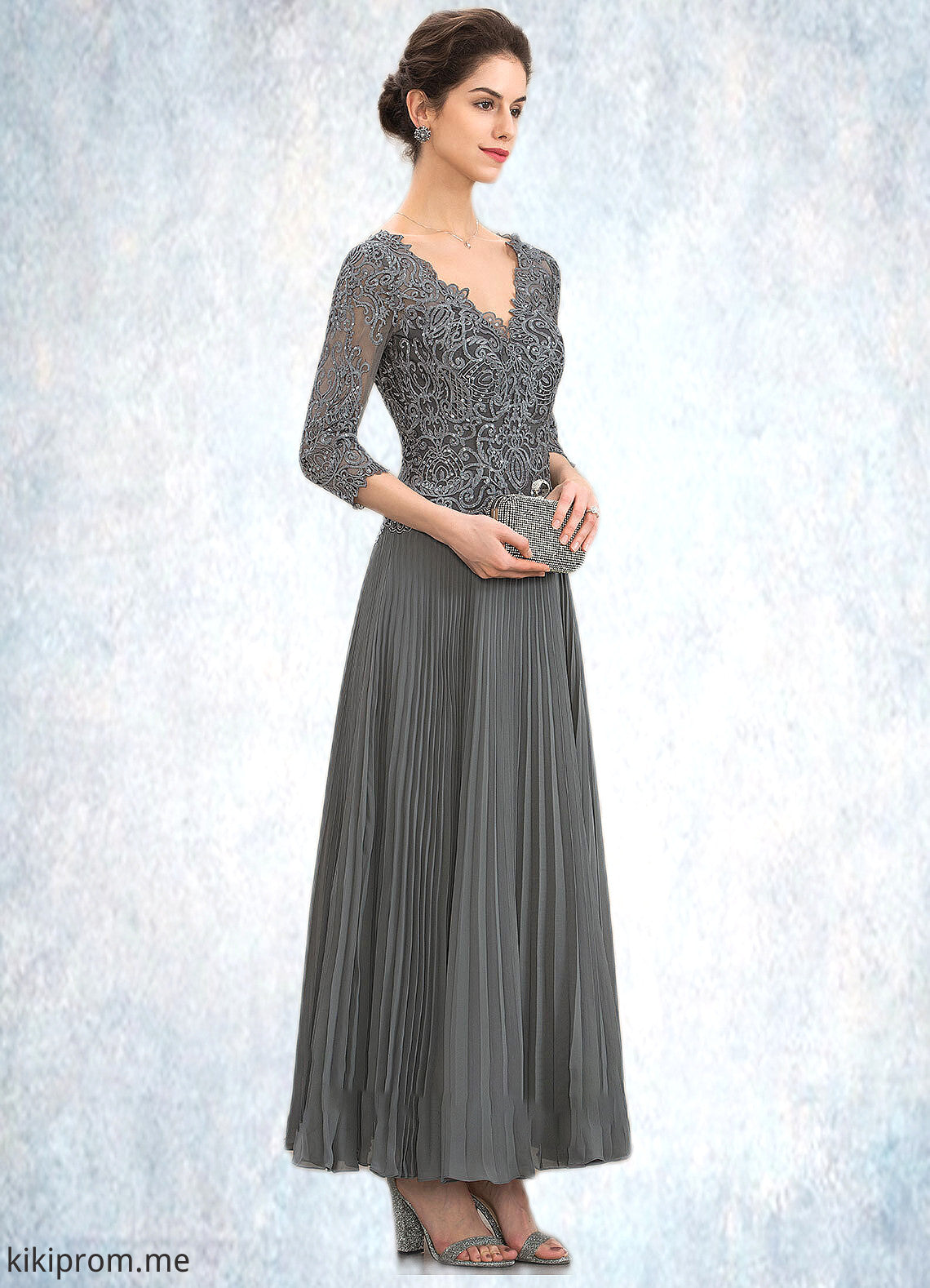 Savannah A-Line V-neck Ankle-Length Chiffon Lace Mother of the Bride Dress With Sequins Pleated STF126P0014745