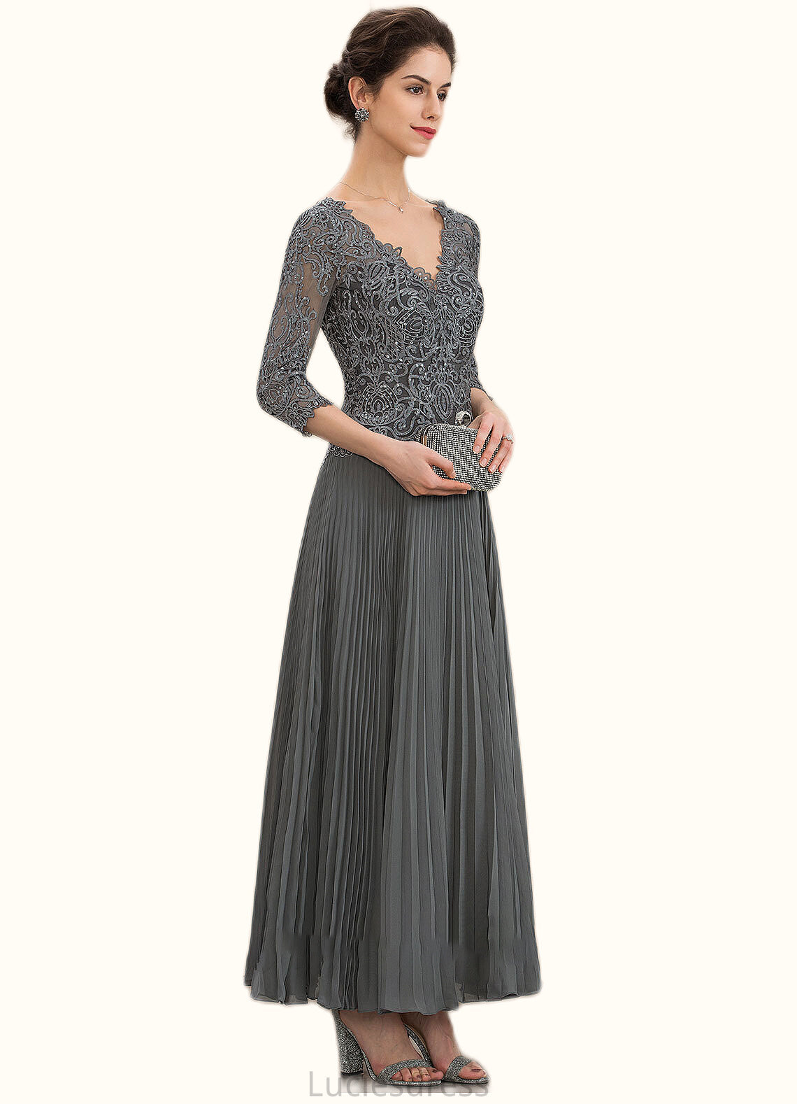 Allison A-Line V-neck Ankle-Length Chiffon Lace Mother of the Bride Dress With Sequins Pleated HF126P0014745