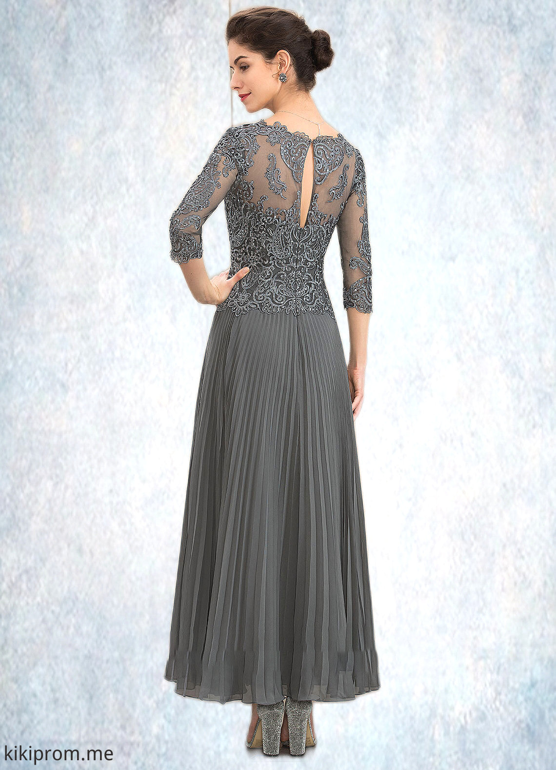 Savannah A-Line V-neck Ankle-Length Chiffon Lace Mother of the Bride Dress With Sequins Pleated STF126P0014745