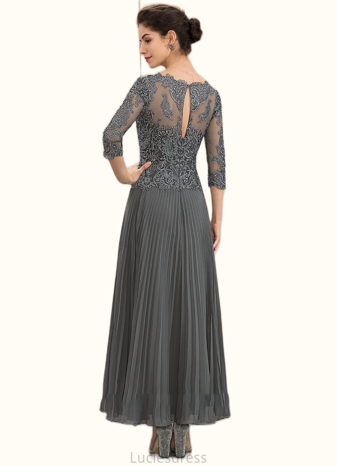 Allison A-Line V-neck Ankle-Length Chiffon Lace Mother of the Bride Dress With Sequins Pleated HF126P0014745