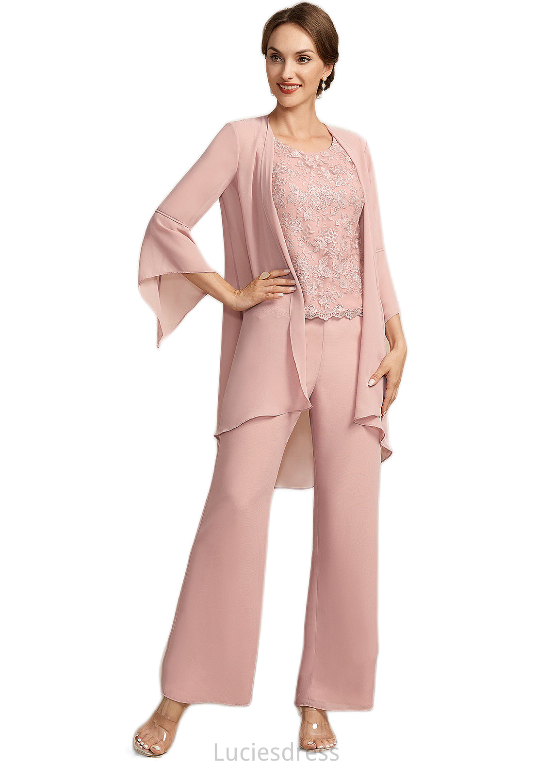 Holly Jumpsuit/Pantsuit Scoop Neck Ankle-Length Chiffon Lace Mother of the Bride Dress HF126P0014746