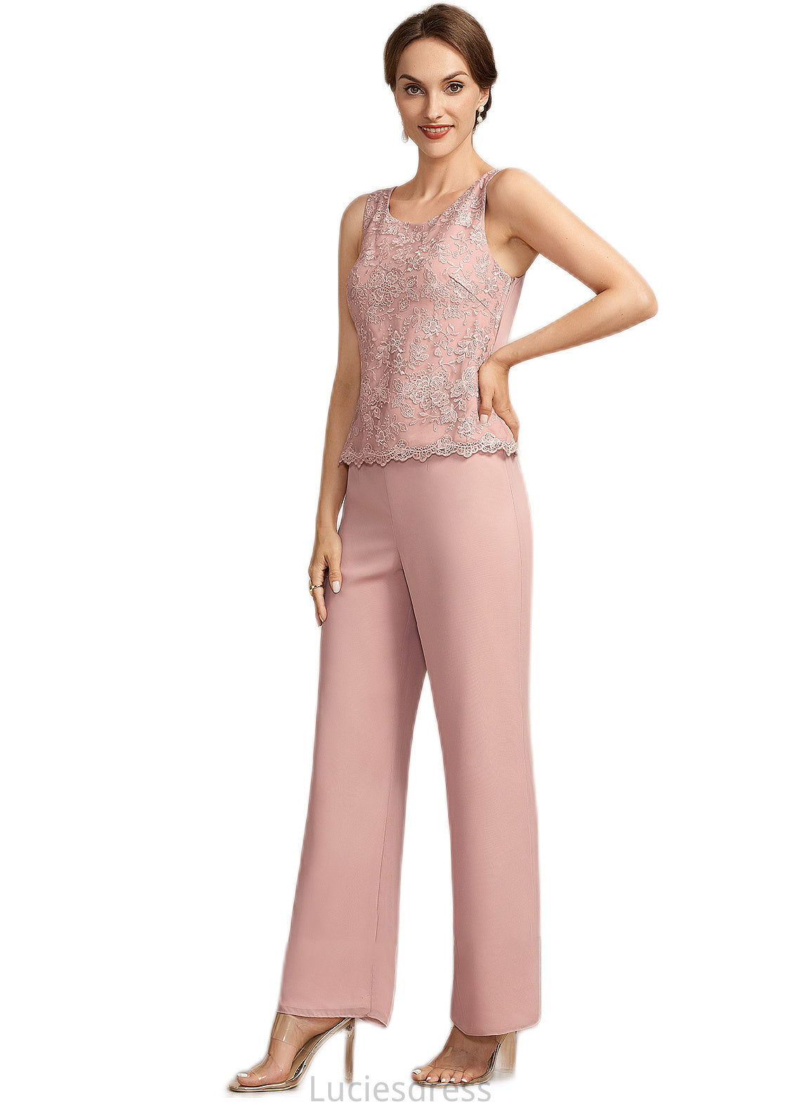 Holly Jumpsuit/Pantsuit Scoop Neck Ankle-Length Chiffon Lace Mother of the Bride Dress HF126P0014746