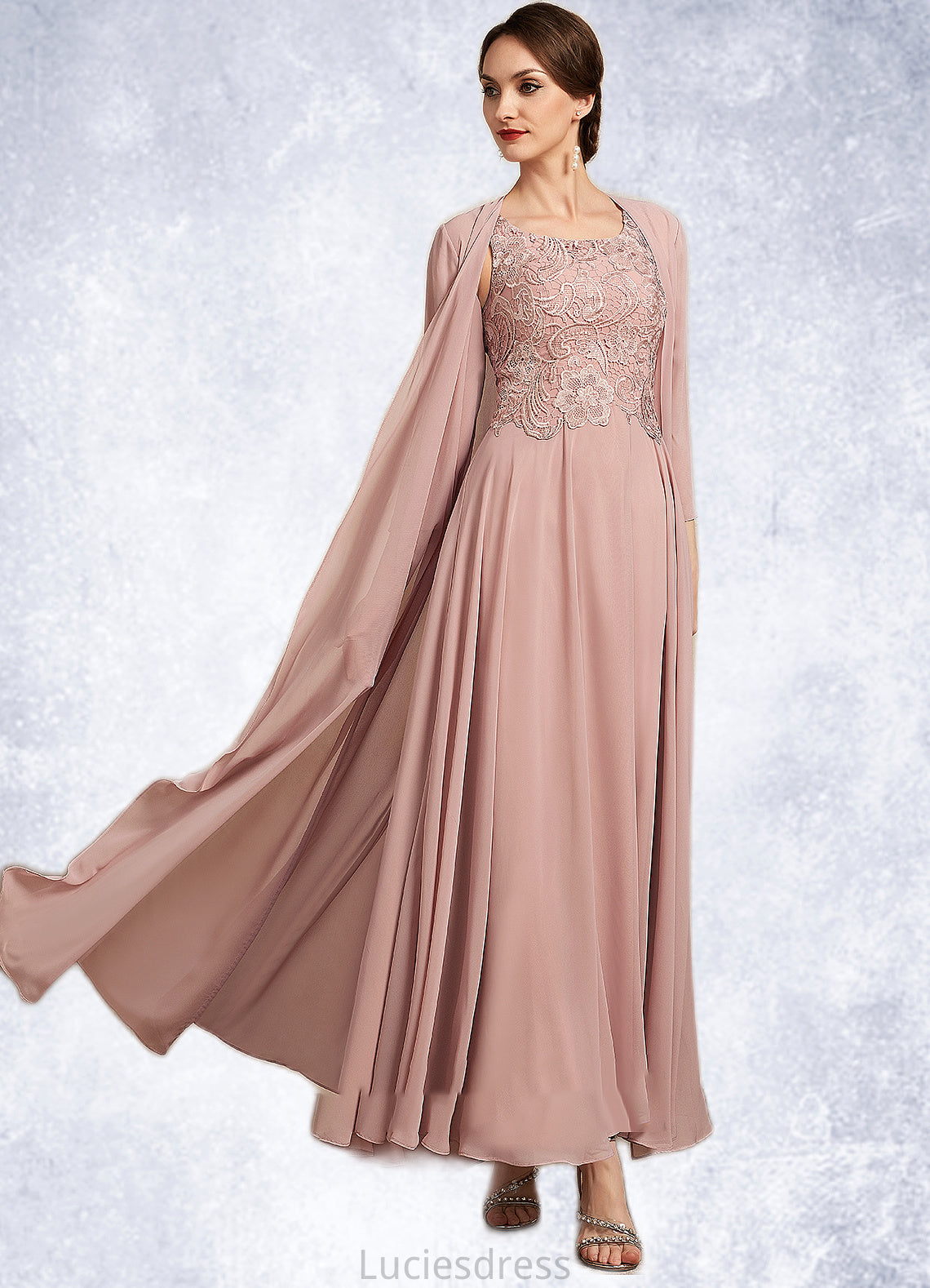 Dana A-Line Scoop Neck Ankle-Length Chiffon Lace Mother of the Bride Dress HF126P0014747