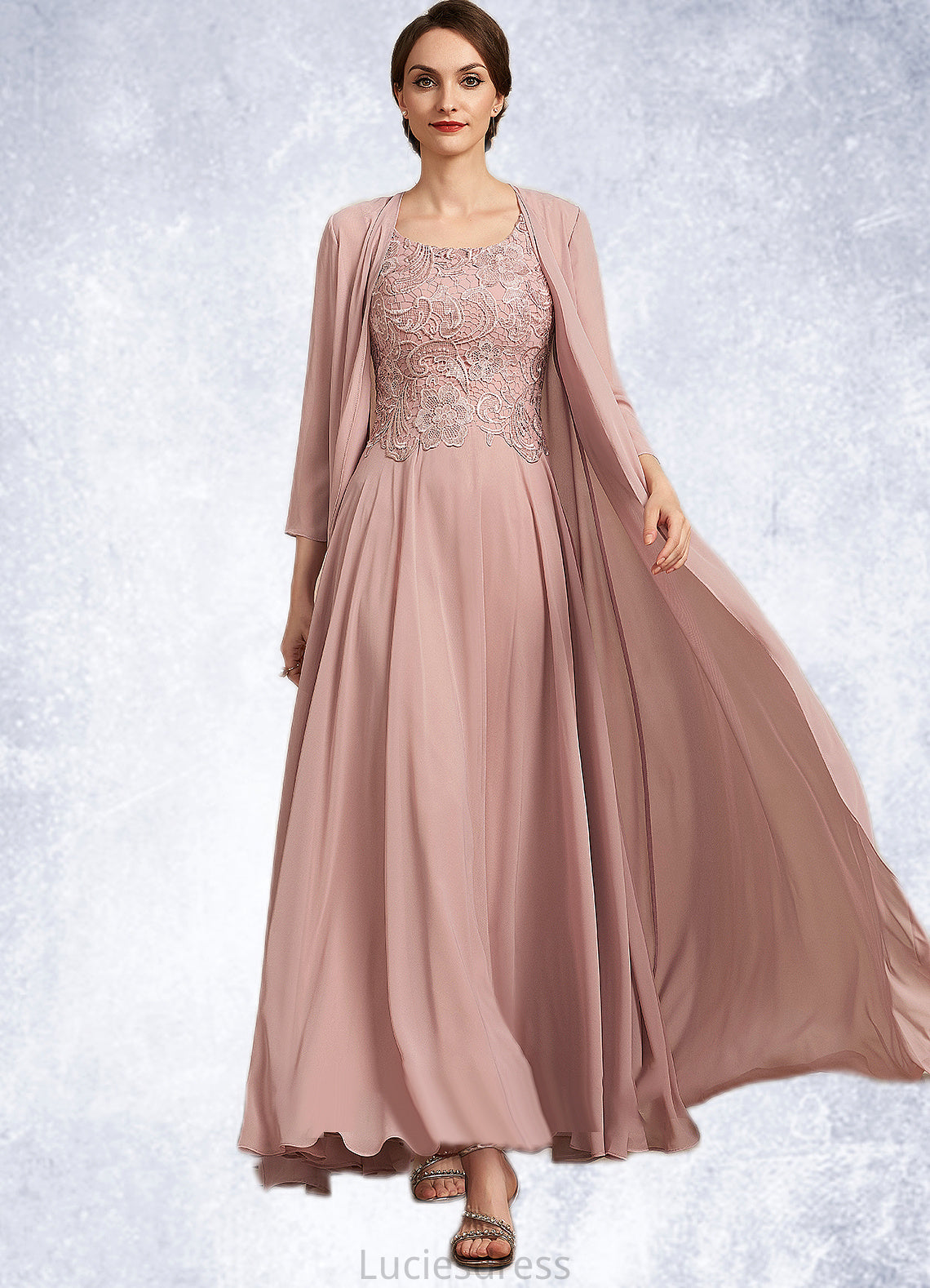 Dana A-Line Scoop Neck Ankle-Length Chiffon Lace Mother of the Bride Dress HF126P0014747