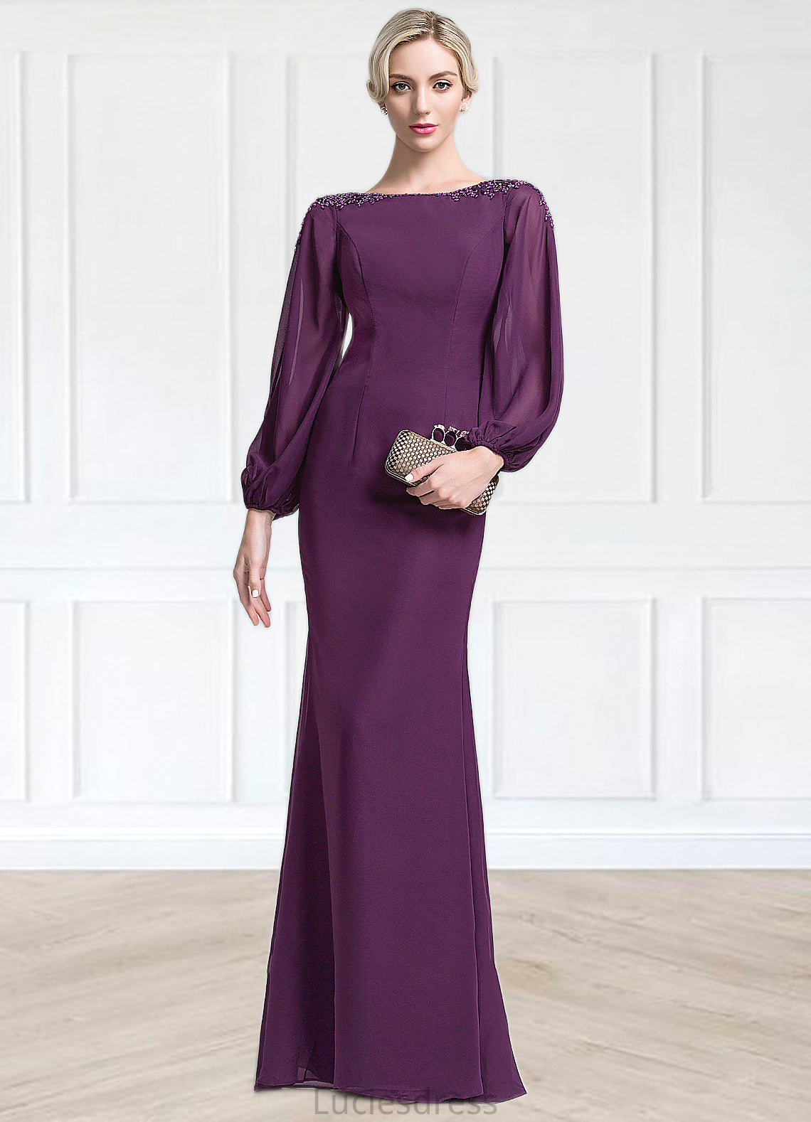 Pat Trumpet/Mermaid Scoop Neck Floor-Length Chiffon Mother of the Bride Dress With Beading Sequins HF126P0014748