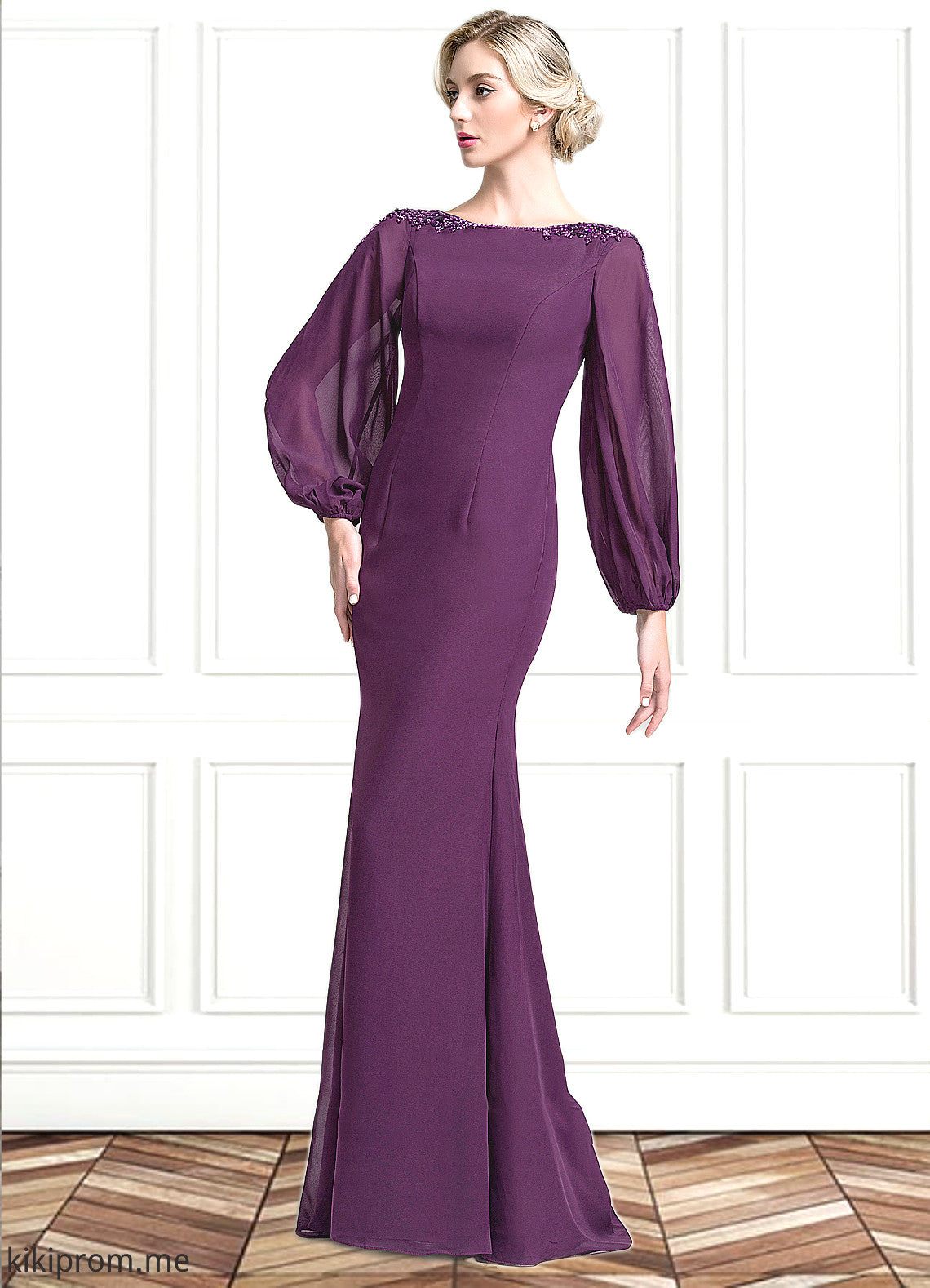 Caroline Trumpet/Mermaid Scoop Neck Floor-Length Chiffon Mother of the Bride Dress With Beading Sequins STF126P0014748