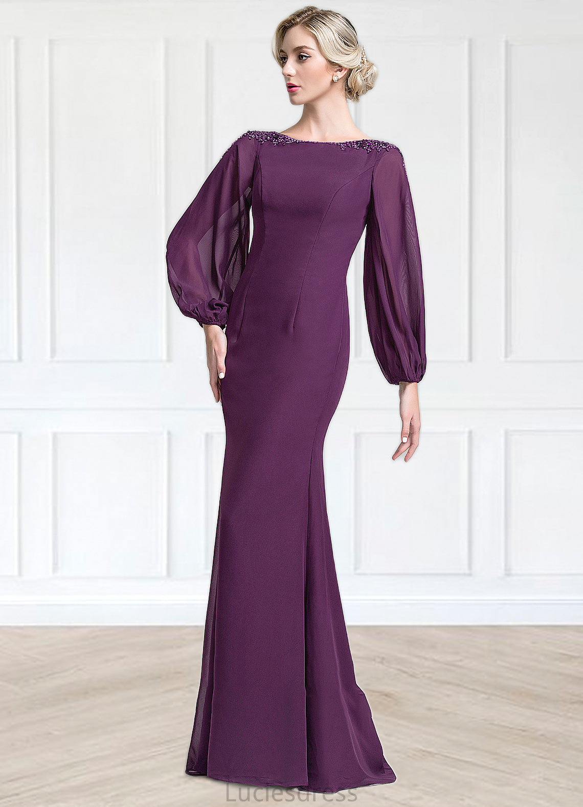 Pat Trumpet/Mermaid Scoop Neck Floor-Length Chiffon Mother of the Bride Dress With Beading Sequins HF126P0014748