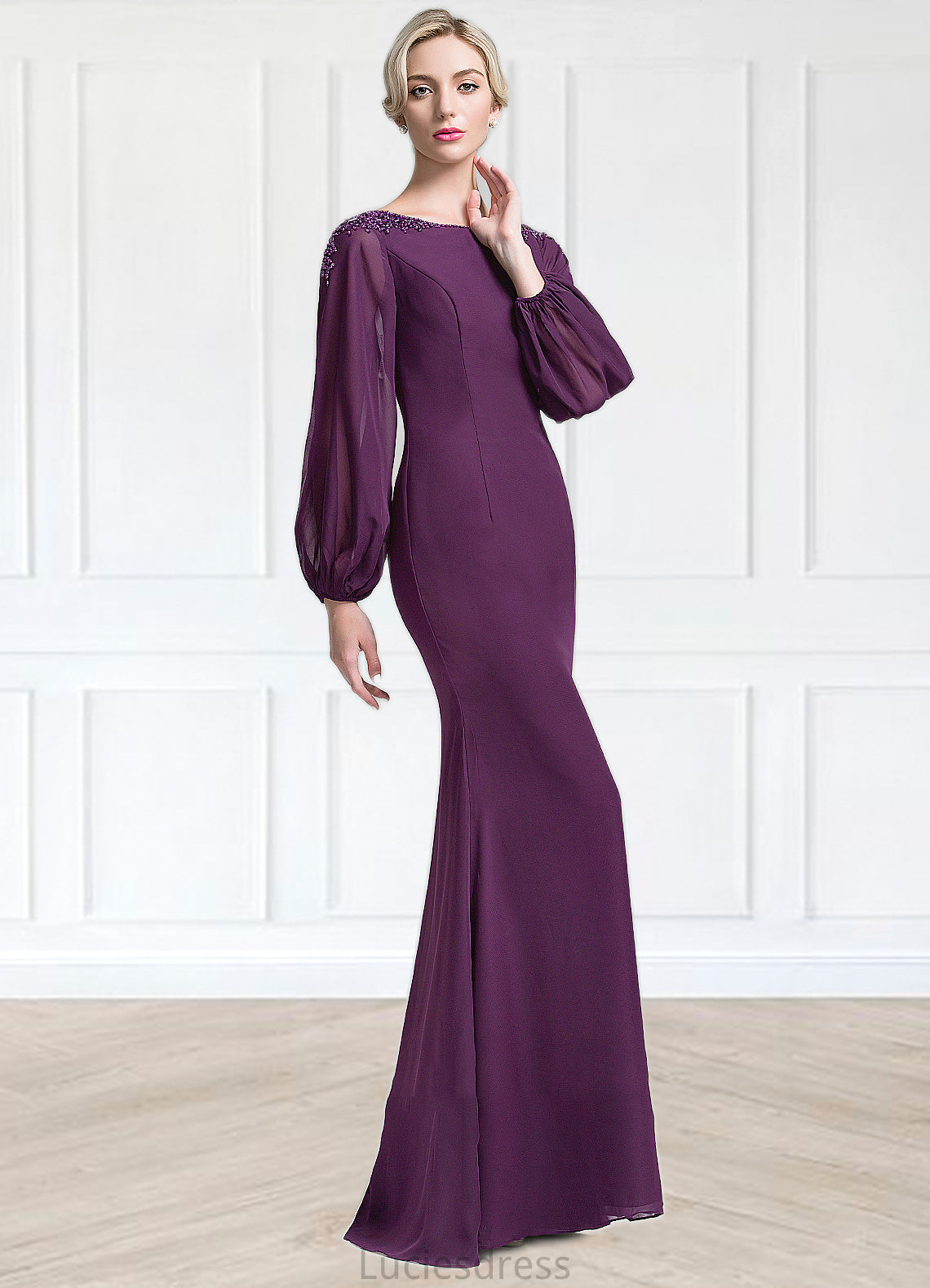 Pat Trumpet/Mermaid Scoop Neck Floor-Length Chiffon Mother of the Bride Dress With Beading Sequins HF126P0014748