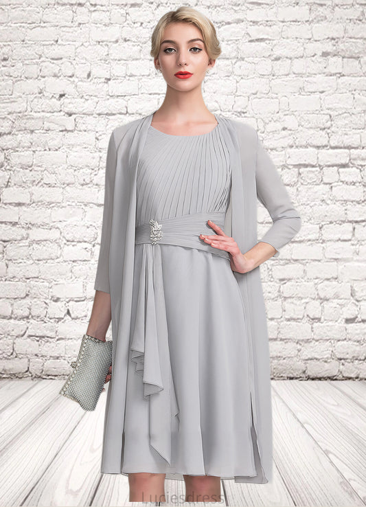 Faith A-Line Scoop Neck Knee-Length Chiffon Mother of the Bride Dress With Beading Cascading Ruffles HF126P0014751