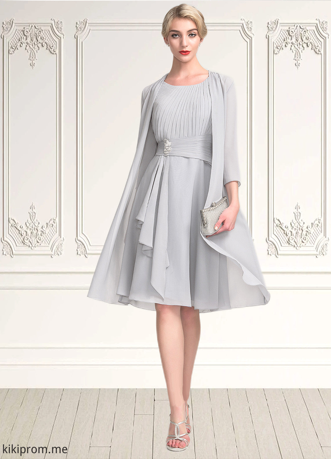 Luna A-Line Scoop Neck Knee-Length Chiffon Mother of the Bride Dress With Beading Cascading Ruffles STF126P0014751