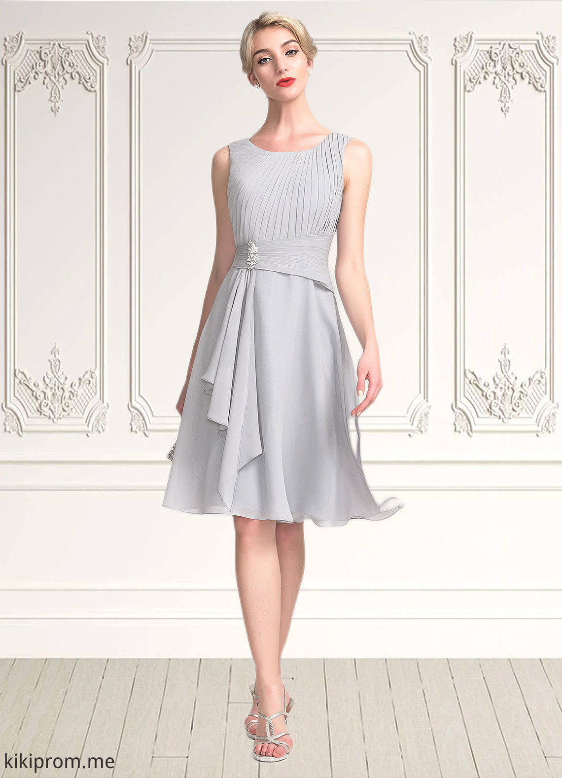 Luna A-Line Scoop Neck Knee-Length Chiffon Mother of the Bride Dress With Beading Cascading Ruffles STF126P0014751