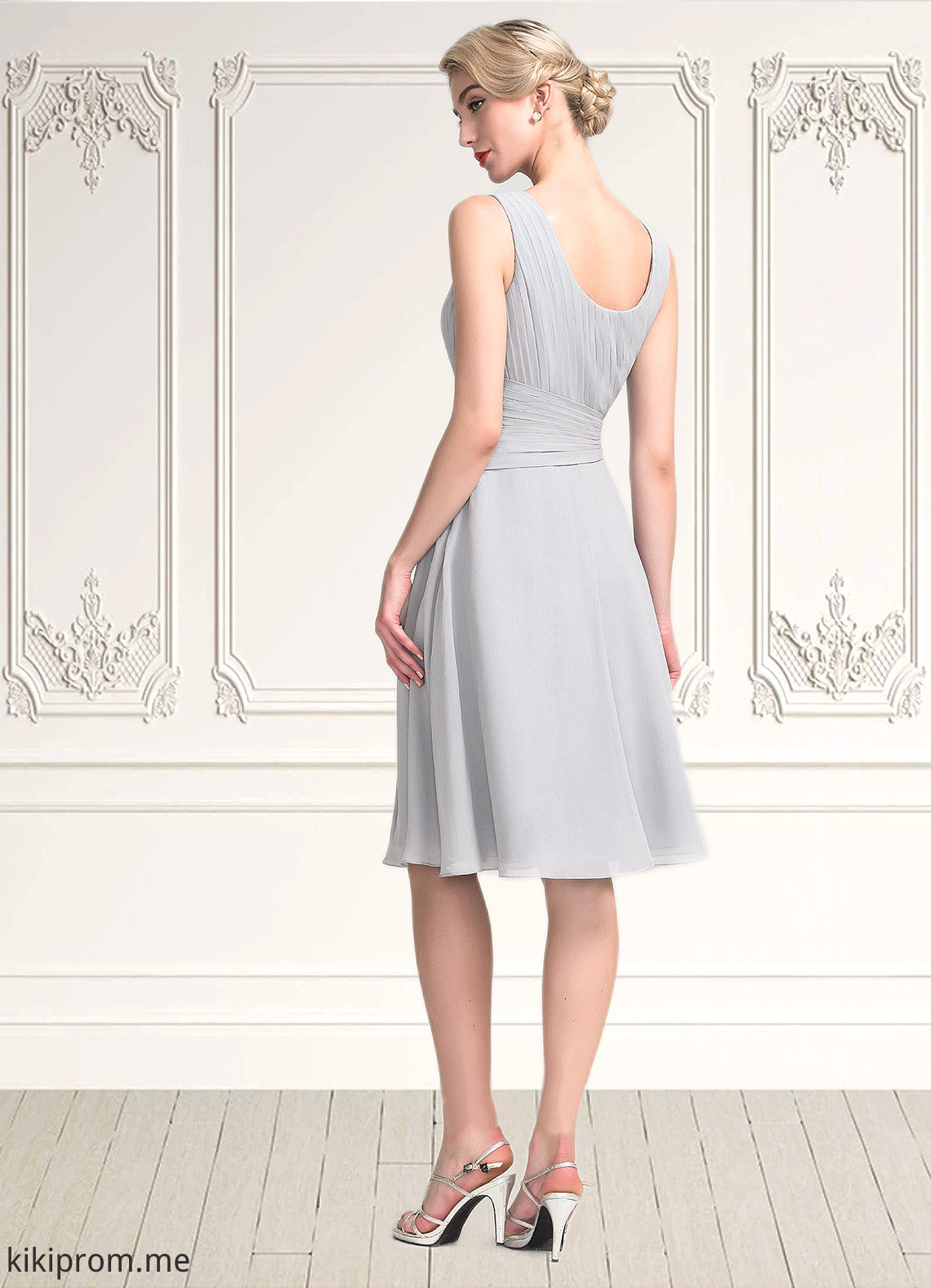 Luna A-Line Scoop Neck Knee-Length Chiffon Mother of the Bride Dress With Beading Cascading Ruffles STF126P0014751