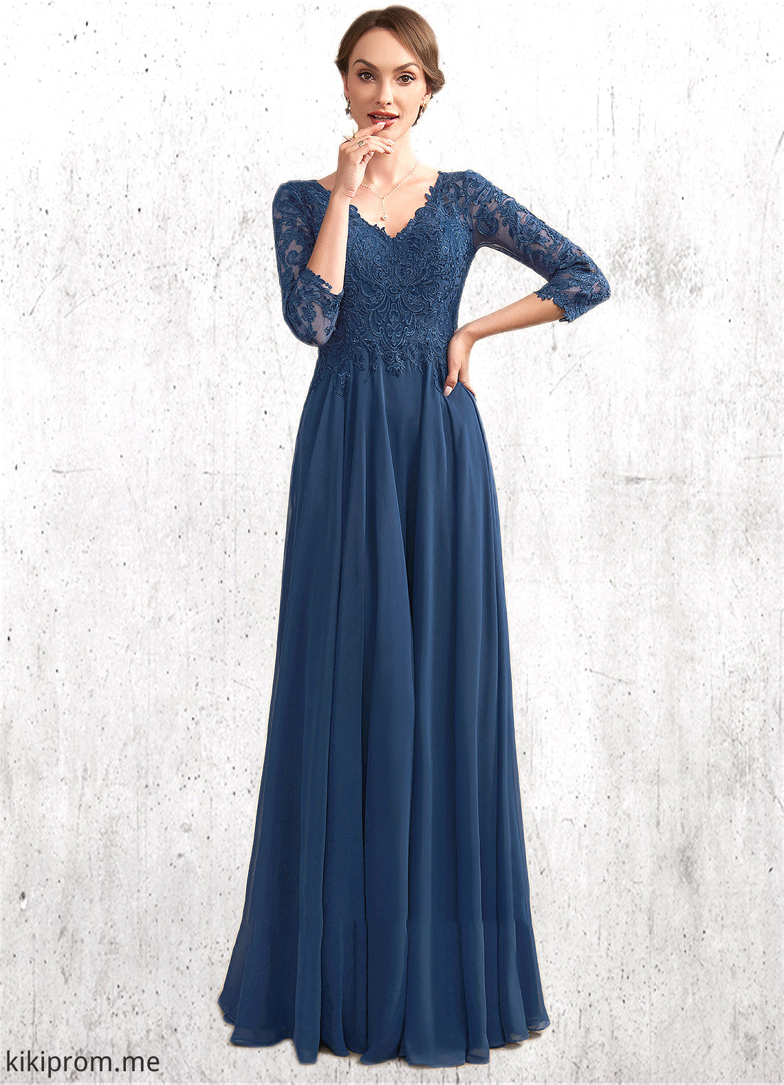 Valery A-Line V-neck Floor-Length Chiffon Lace Mother of the Bride Dress STF126P0014753