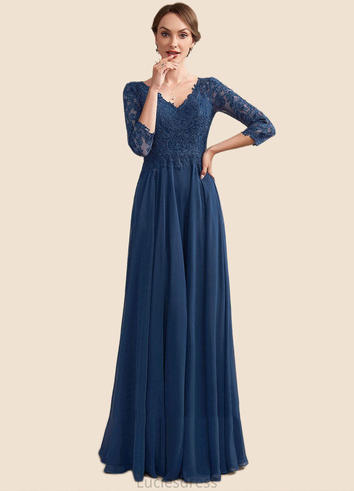 Bridget A-Line V-neck Floor-Length Chiffon Lace Mother of the Bride Dress HF126P0014753