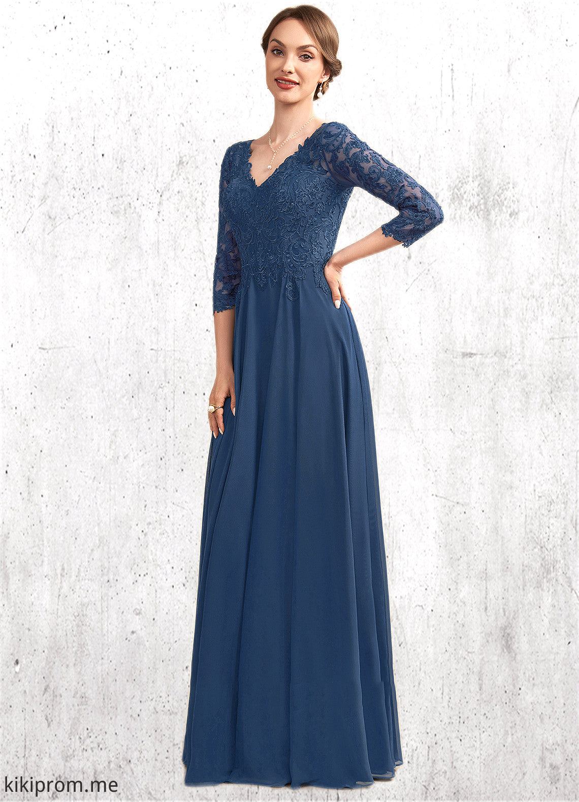 Valery A-Line V-neck Floor-Length Chiffon Lace Mother of the Bride Dress STF126P0014753