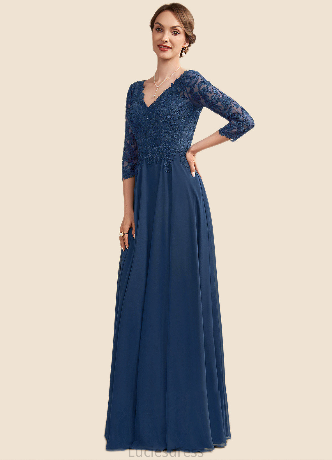 Bridget A-Line V-neck Floor-Length Chiffon Lace Mother of the Bride Dress HF126P0014753