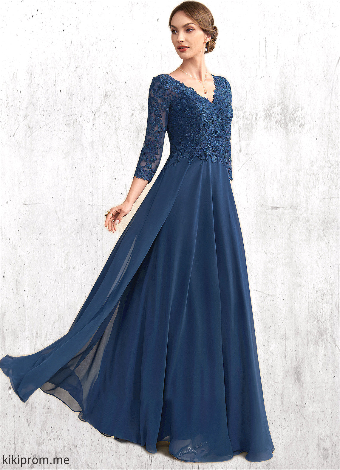 Valery A-Line V-neck Floor-Length Chiffon Lace Mother of the Bride Dress STF126P0014753