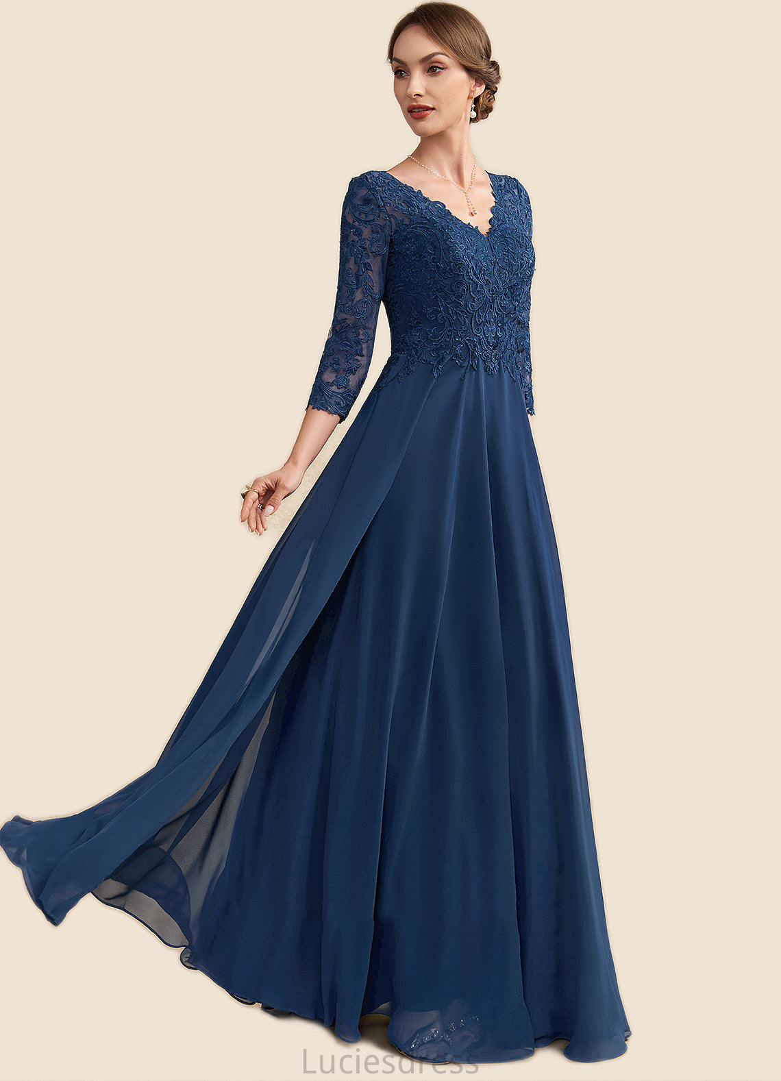 Bridget A-Line V-neck Floor-Length Chiffon Lace Mother of the Bride Dress HF126P0014753