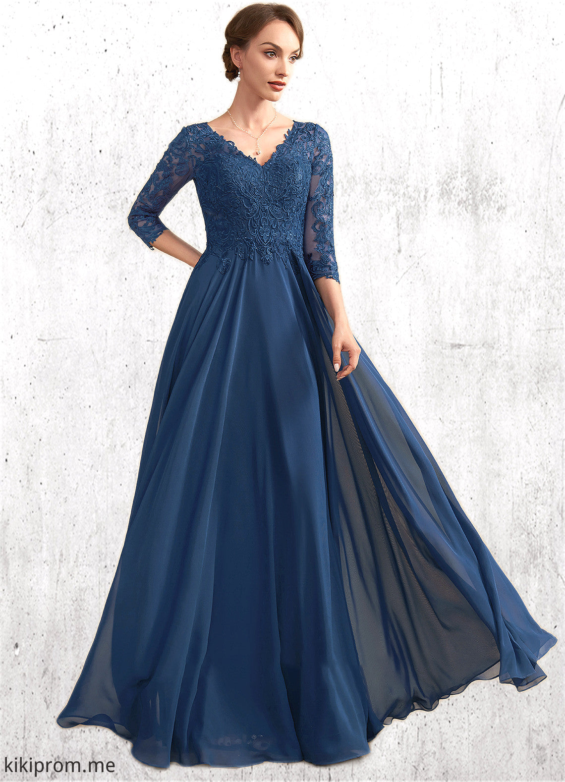 Valery A-Line V-neck Floor-Length Chiffon Lace Mother of the Bride Dress STF126P0014753