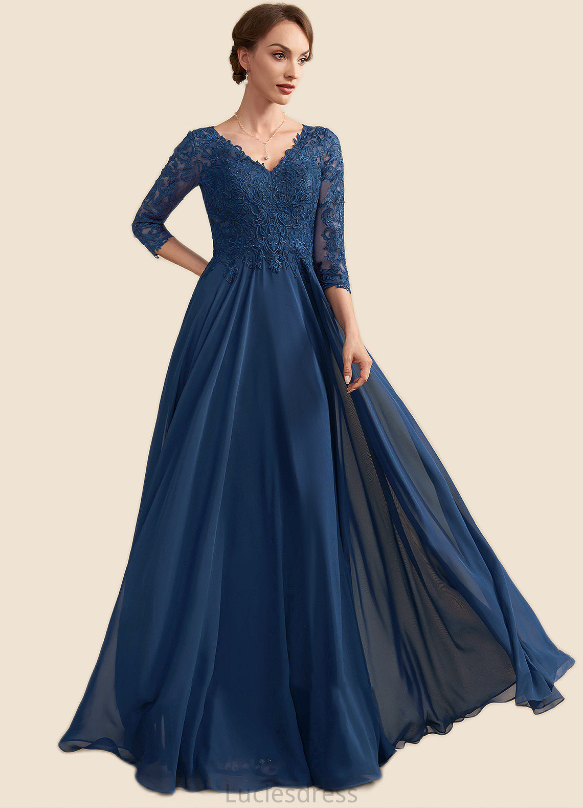 Bridget A-Line V-neck Floor-Length Chiffon Lace Mother of the Bride Dress HF126P0014753