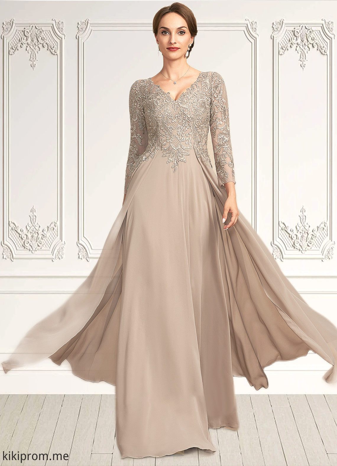 Laura A-Line V-neck Floor-Length Chiffon Lace Mother of the Bride Dress STF126P0014754