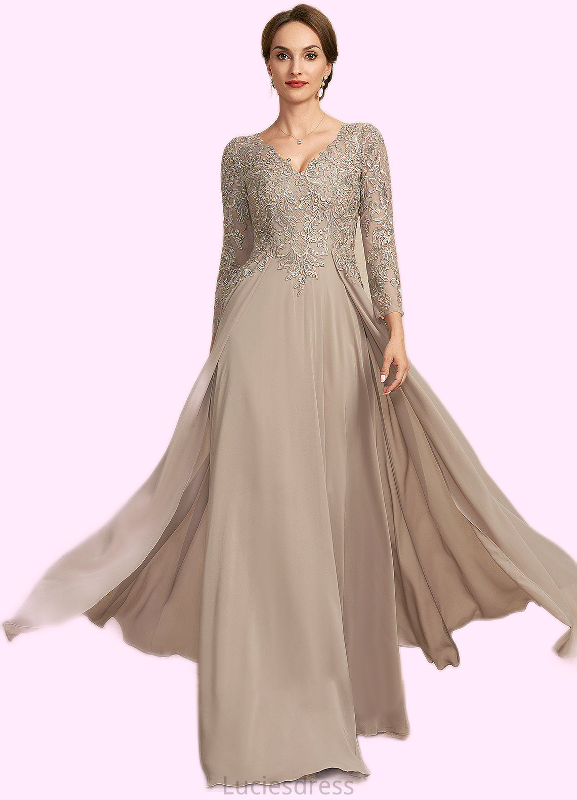 Anabel A-Line V-neck Floor-Length Chiffon Lace Mother of the Bride Dress HF126P0014754