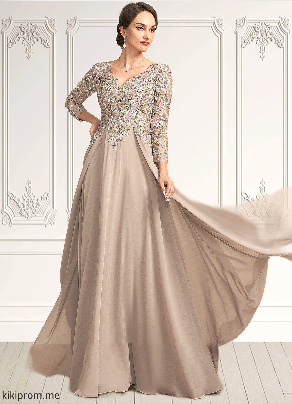 Laura A-Line V-neck Floor-Length Chiffon Lace Mother of the Bride Dress STF126P0014754