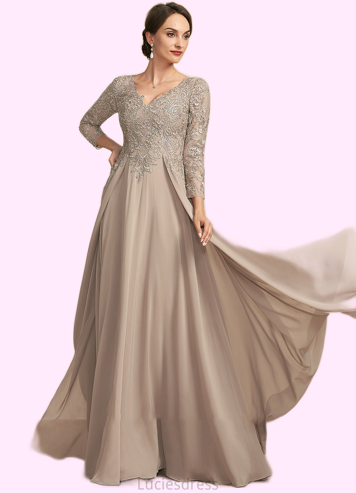 Anabel A-Line V-neck Floor-Length Chiffon Lace Mother of the Bride Dress HF126P0014754