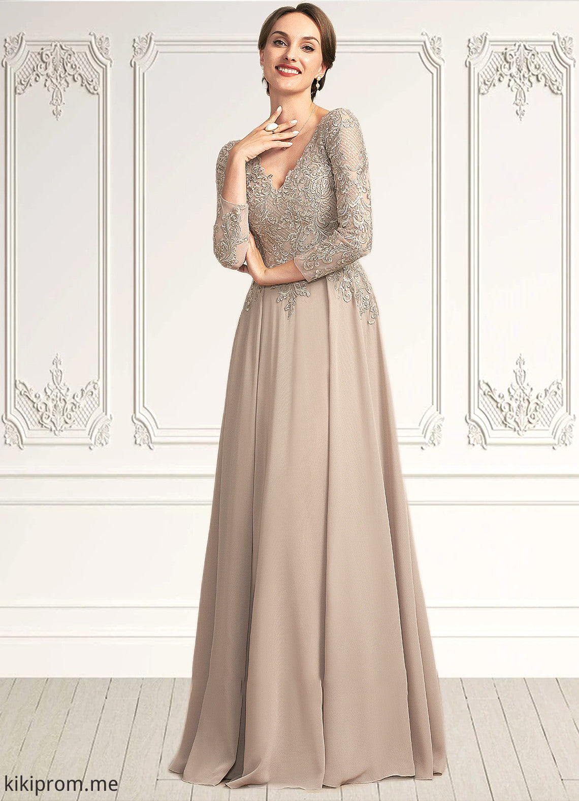 Laura A-Line V-neck Floor-Length Chiffon Lace Mother of the Bride Dress STF126P0014754