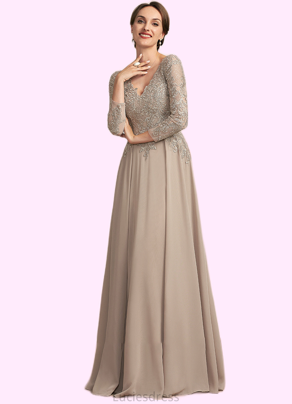 Anabel A-Line V-neck Floor-Length Chiffon Lace Mother of the Bride Dress HF126P0014754