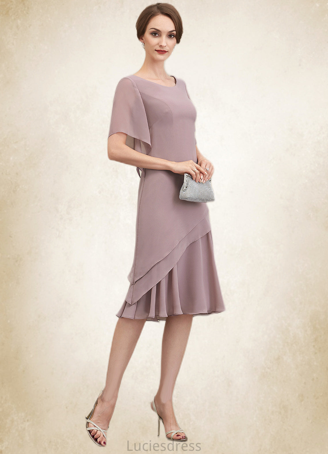 Eliza A-Line Scoop Neck Knee-Length Chiffon Mother of the Bride Dress With Cascading Ruffles HF126P0014755