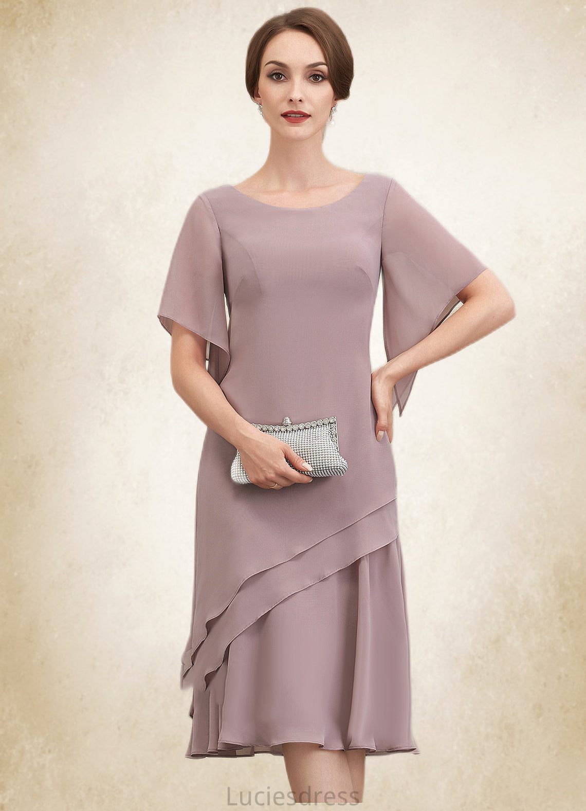 Eliza A-Line Scoop Neck Knee-Length Chiffon Mother of the Bride Dress With Cascading Ruffles HF126P0014755