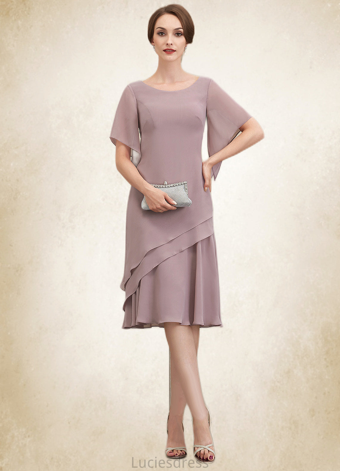 Eliza A-Line Scoop Neck Knee-Length Chiffon Mother of the Bride Dress With Cascading Ruffles HF126P0014755