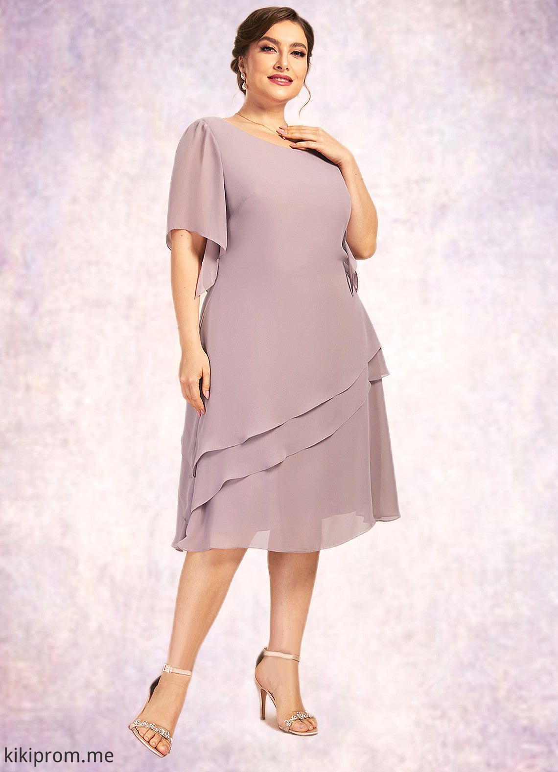 Aubrey A-Line Scoop Neck Knee-Length Chiffon Mother of the Bride Dress With Cascading Ruffles STF126P0014755