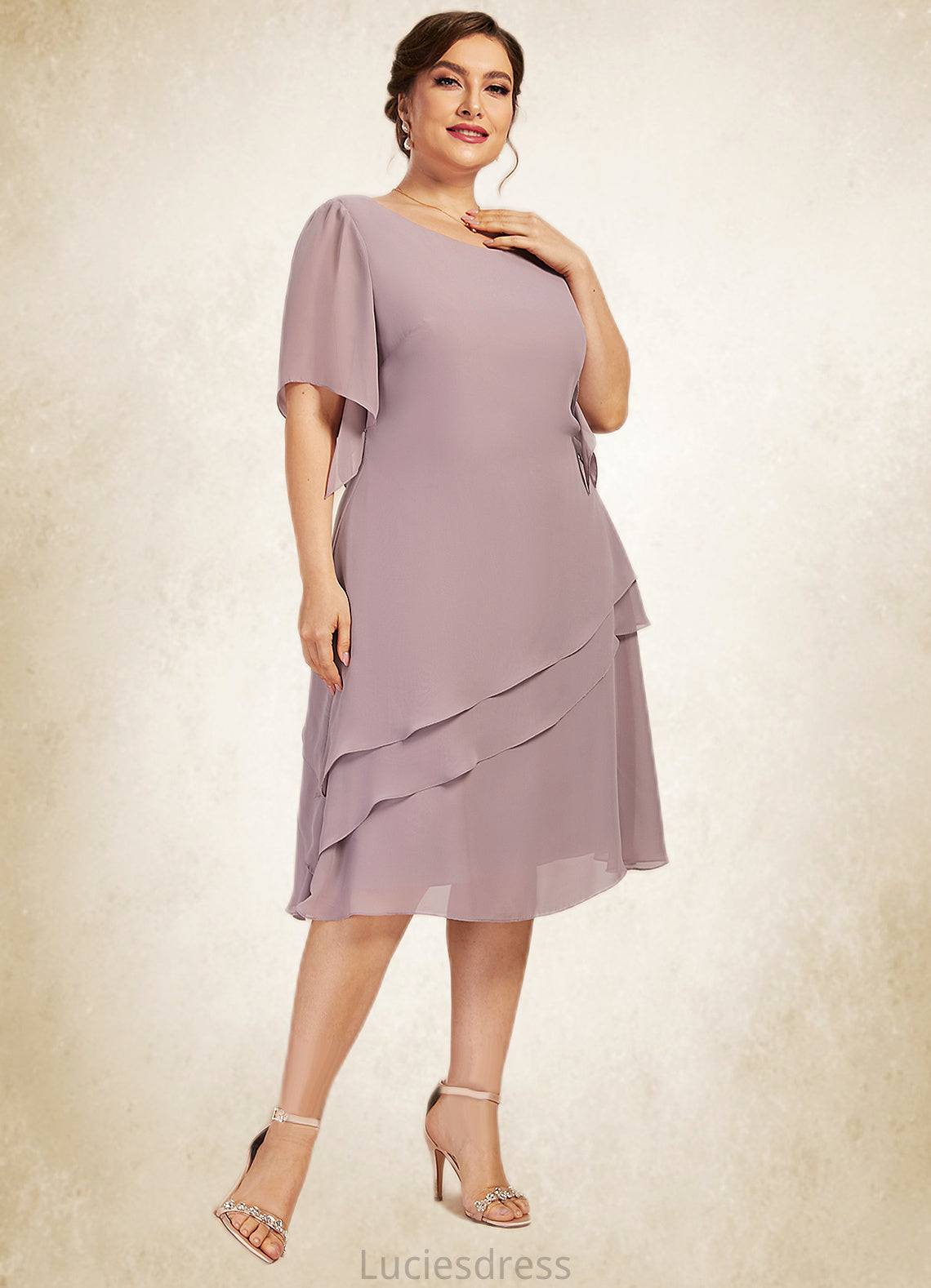 Eliza A-Line Scoop Neck Knee-Length Chiffon Mother of the Bride Dress With Cascading Ruffles HF126P0014755