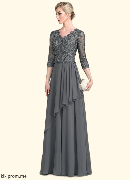 Jayden A-Line V-neck Floor-Length Chiffon Lace Mother of the Bride Dress With Beading Sequins Cascading Ruffles STF126P0014756