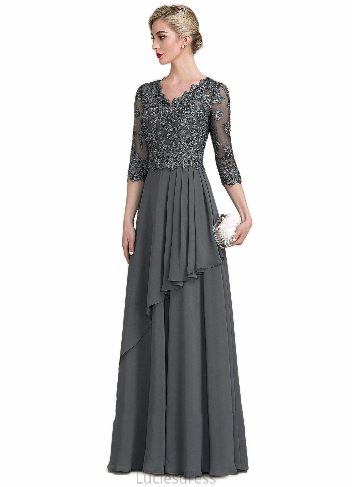 Piper A-Line V-neck Floor-Length Chiffon Lace Mother of the Bride Dress With Beading Sequins Cascading Ruffles HF126P0014756