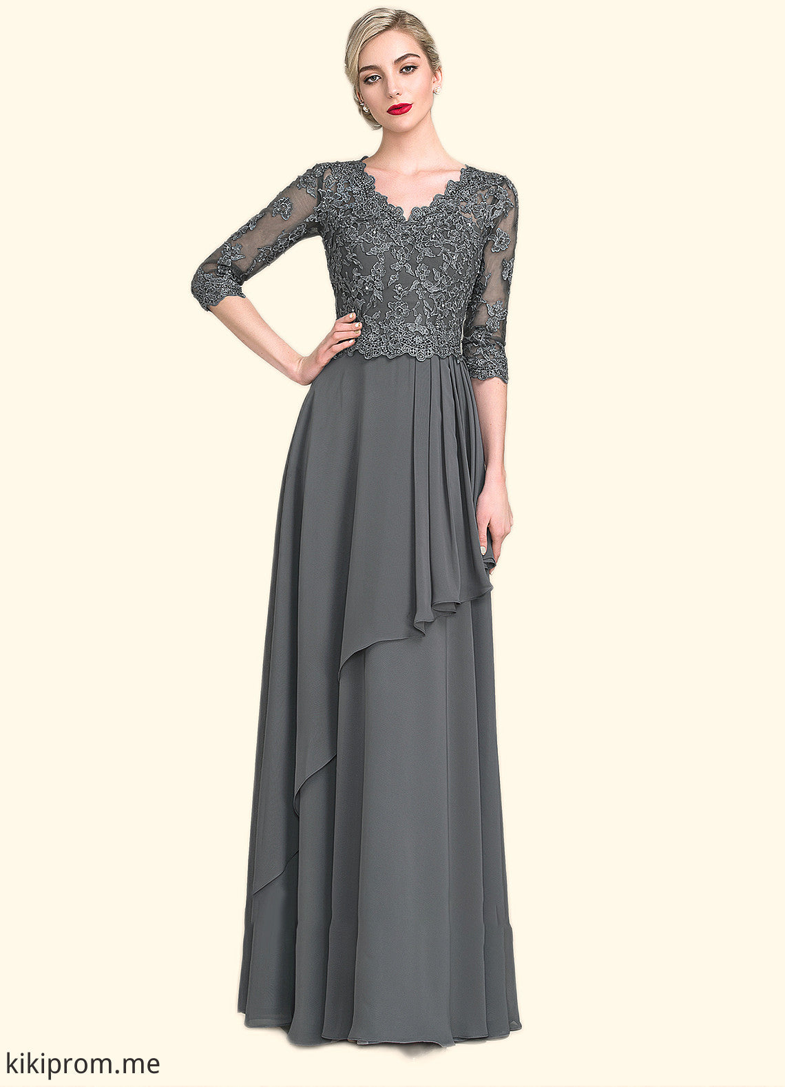 Jayden A-Line V-neck Floor-Length Chiffon Lace Mother of the Bride Dress With Beading Sequins Cascading Ruffles STF126P0014756