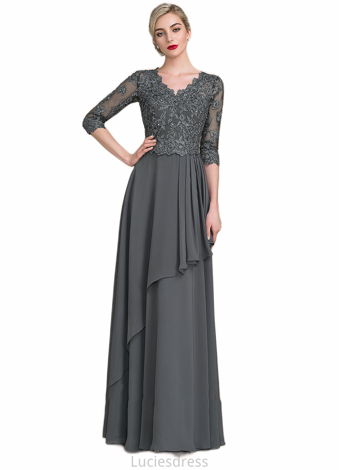 Piper A-Line V-neck Floor-Length Chiffon Lace Mother of the Bride Dress With Beading Sequins Cascading Ruffles HF126P0014756