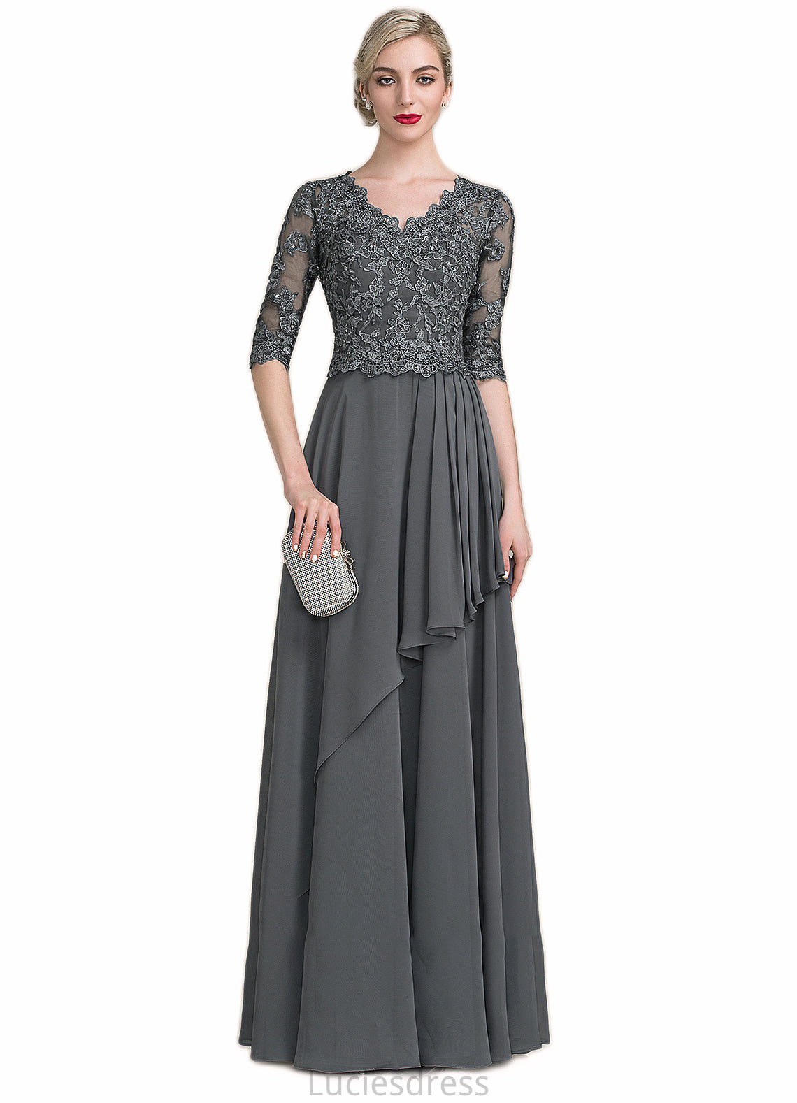 Piper A-Line V-neck Floor-Length Chiffon Lace Mother of the Bride Dress With Beading Sequins Cascading Ruffles HF126P0014756