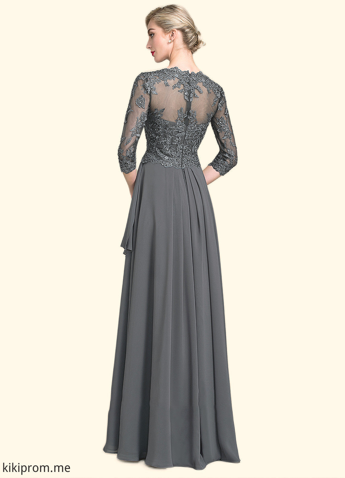 Jayden A-Line V-neck Floor-Length Chiffon Lace Mother of the Bride Dress With Beading Sequins Cascading Ruffles STF126P0014756