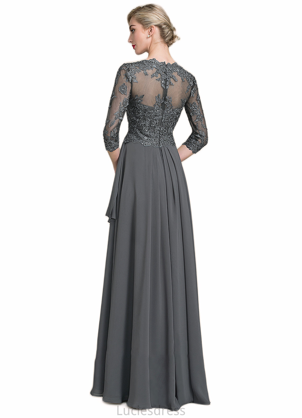 Piper A-Line V-neck Floor-Length Chiffon Lace Mother of the Bride Dress With Beading Sequins Cascading Ruffles HF126P0014756